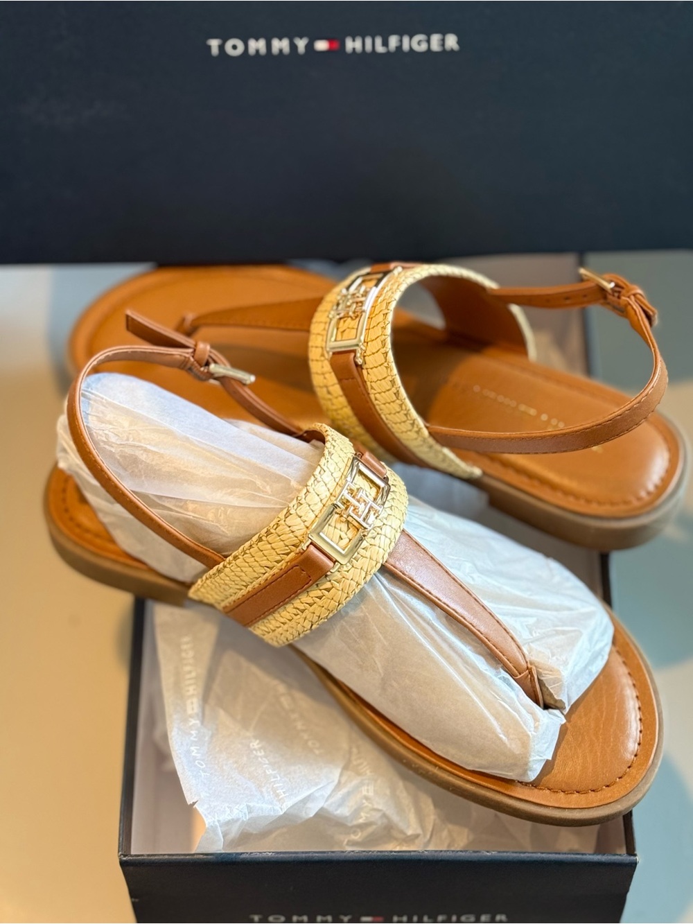 Tommy Hilfiger Tan and Cream Braided T-Strap Sandals